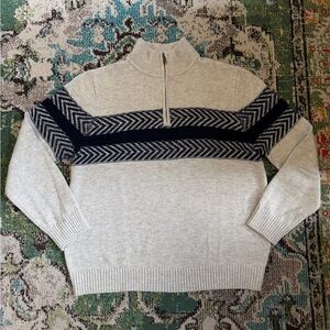 GAP Men's Heather Cream and Navy Blue Quarter-Zip Sweater Large Cotton & Wool